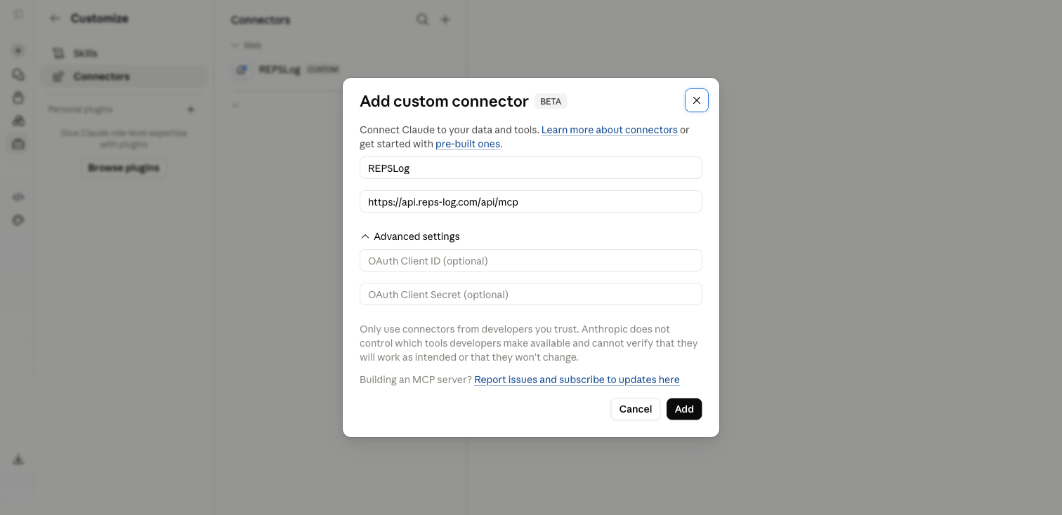 Add custom connector dialog with the REPSLog server URL
