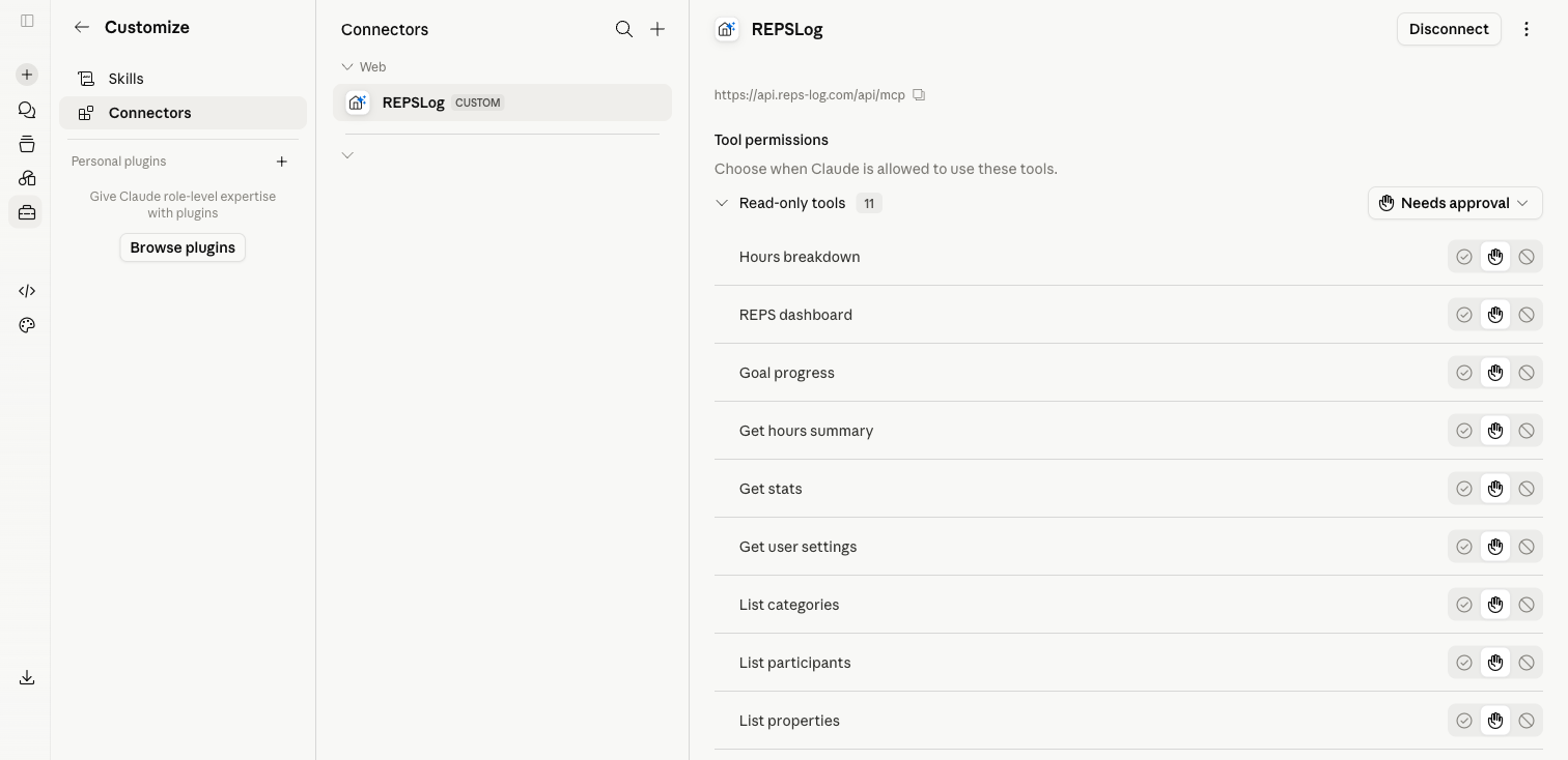 Claude Connectors list showing REPSLog connected