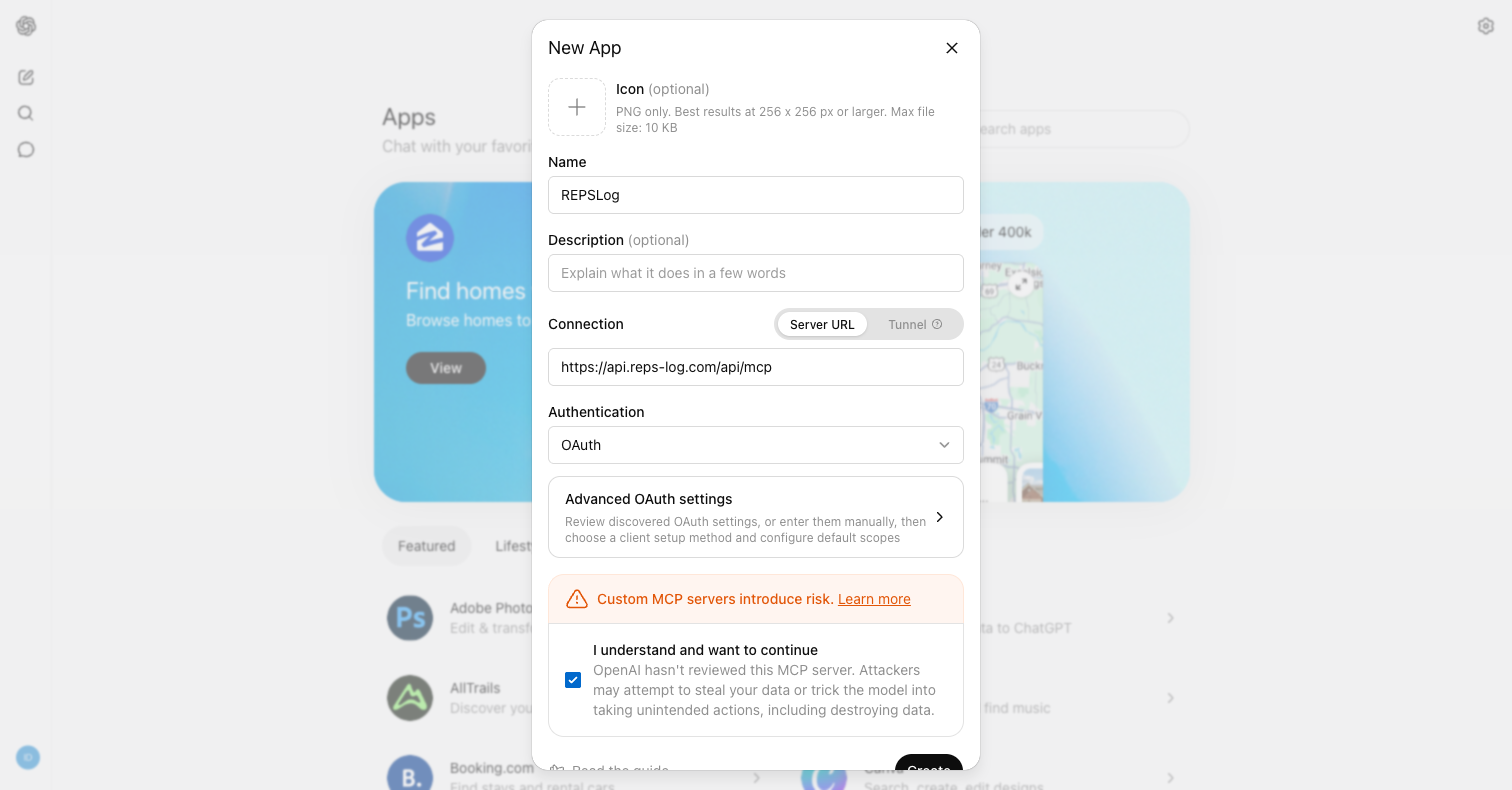 Add the REPSLog connector in ChatGPT
