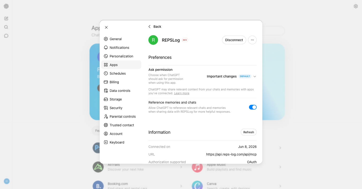 REPSLog connected in ChatGPT