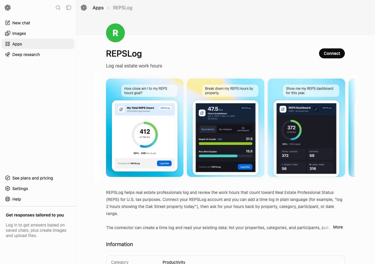 The REPSLog listing in ChatGPT with the Connect button