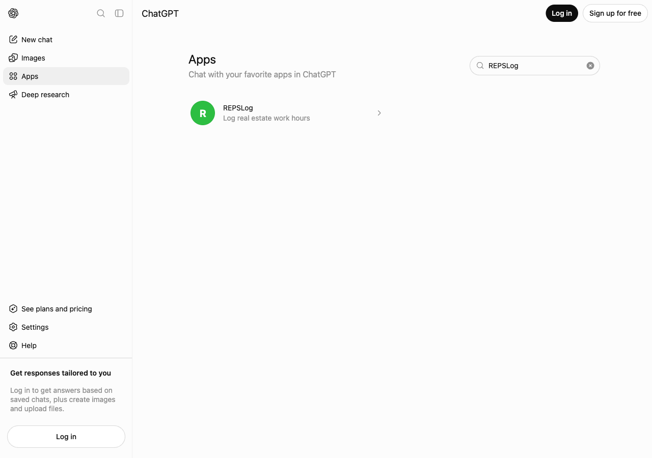 Searching for REPSLog in the ChatGPT app directory